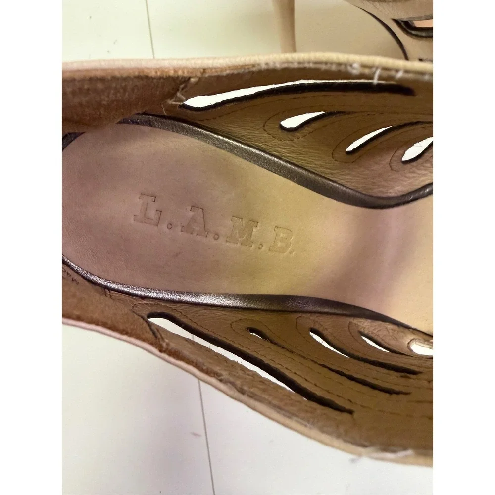 L.A.M.B. Cutout Stiletto Pumps Women 8M Beige Metallic Leather Pointed Toe Heels